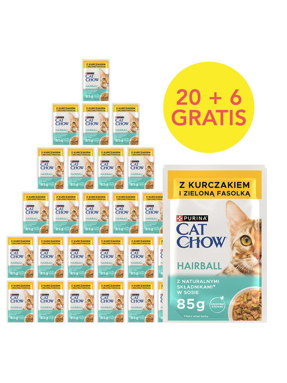 CAT CHOW Hairball Karma dla kotów z kurczakiem i zieloną fasolką w sosie 85g Saszetka 20+6 GRATIS