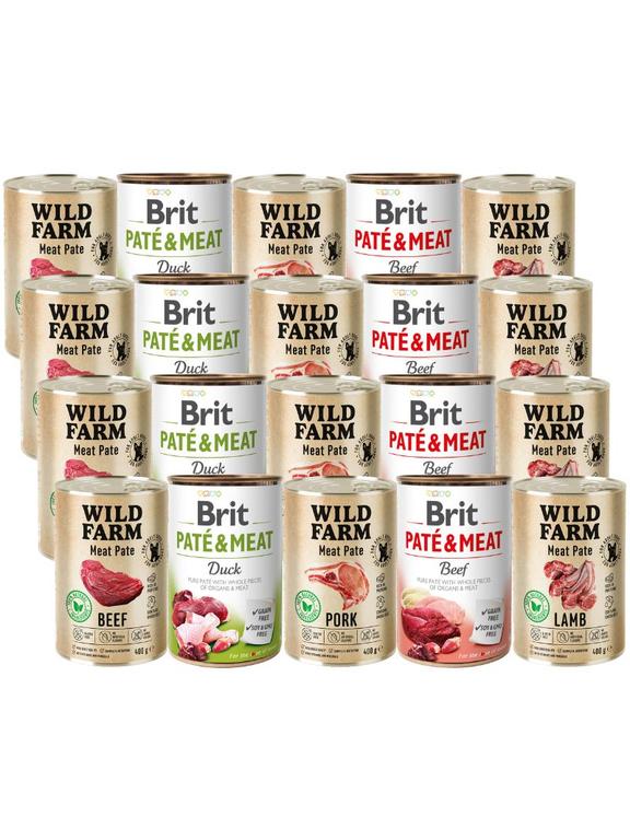 BRIT PATE & MEAT + WILD FARM Pate Mix smaków 20x400g