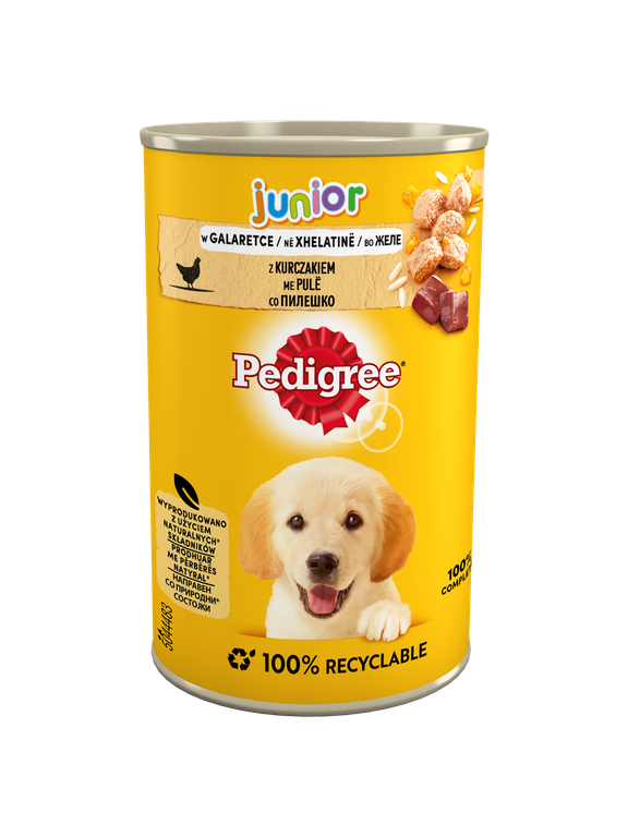 PEDIGREE Junior puszka 400g – mokra, pełnoporcjowa karma dla szczeniąt, z kurczakiem w galaretce