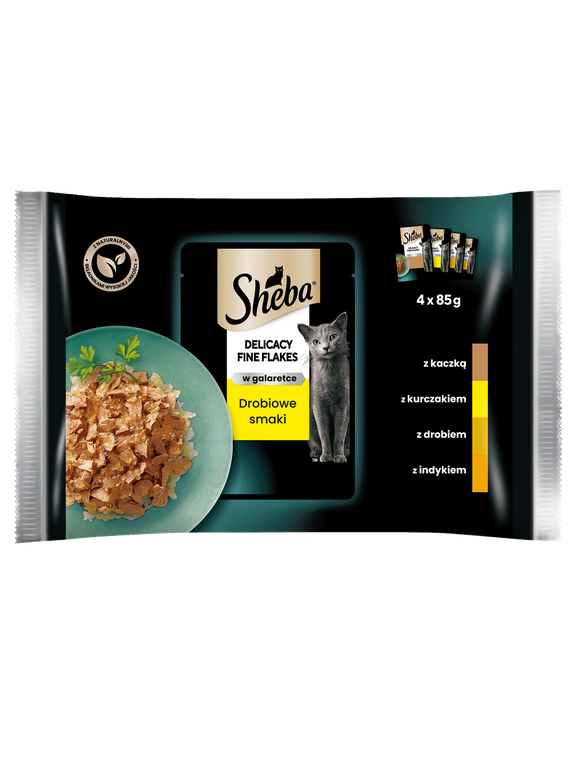 SHEBA Delicacy Fine Flakes Drobiowe Smaki saszetki 4x85 g – mokra karma pełnoporcjowa dla dorosłych kotów, w galaretce (kawałki z: kaczką, kurczakiem, drobiem, indykiem)