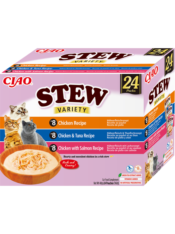 INABA Cat Ciao Stew - karma uzupełniająca dla kota o smaku kurczaka, tuńczyka i łososia 24x40g