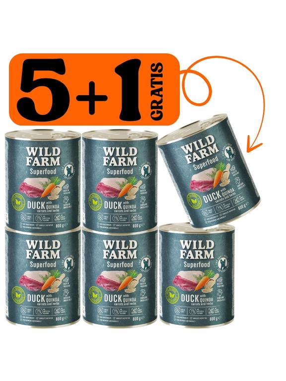 WILD FARM Superfood Duck (Kaczka z komosą ryżową, marchewką i ziołami) 5x800g + 800g GRATIS bezzbożowa karma dla psa