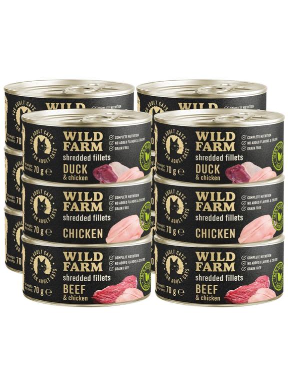 WILD FARM Fillets Mix smaków 12x70g - bezzbożowa mokra karma dla kota, filet w bulionie