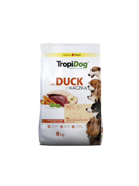 TROPIDOG Premium Adult Small Breeds z kaczką i ryżem 8kg