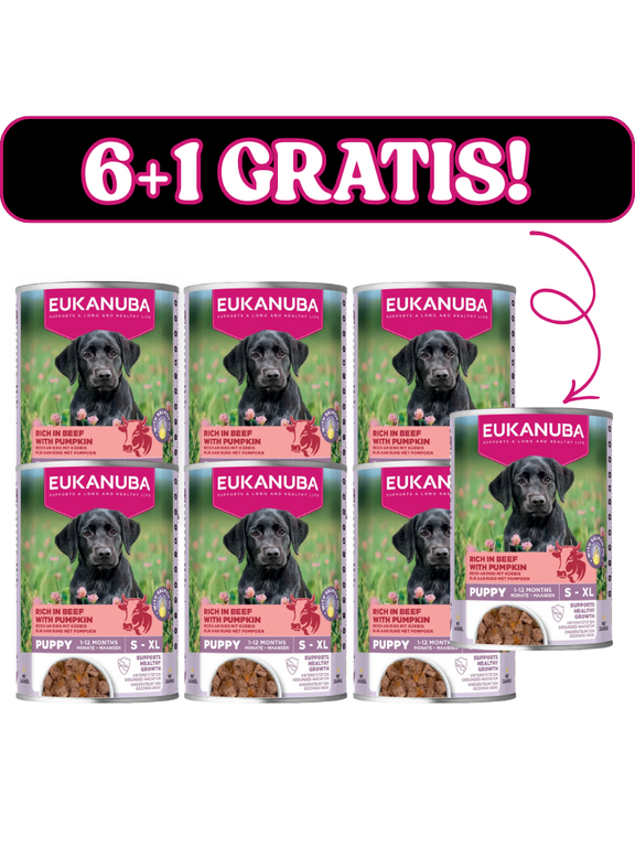 EUKANUBA Mokra karma dla szczeniąt, bogata w wołowinę i dynię 6x400g + 400g Gratis