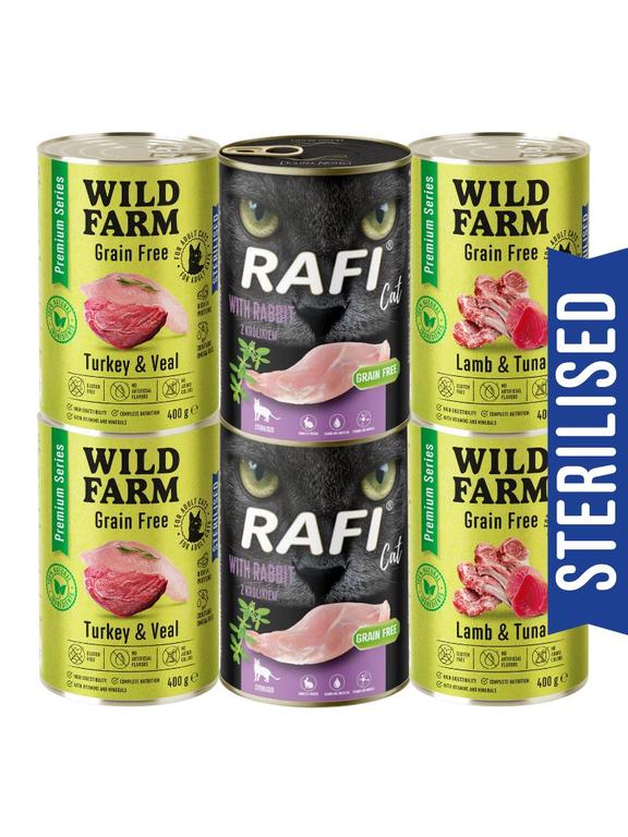 WILD FARM Premium Grain Free + Rafi 6x400g  - bezzbożowa karma dla kota sterylizowanego
