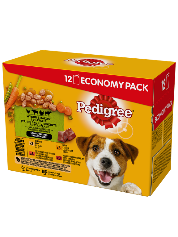 PEDIGREE Adult saszetka 12x100 g - Wybór Smaków z Warzywami w Sosie - mokra karma pełnoporcjowa dla dorosłych psów (kawałki bogate w kurczaka, kawałki bogate w mieszankę wołowiny i wątróbki, kawałki bogate w indyka)