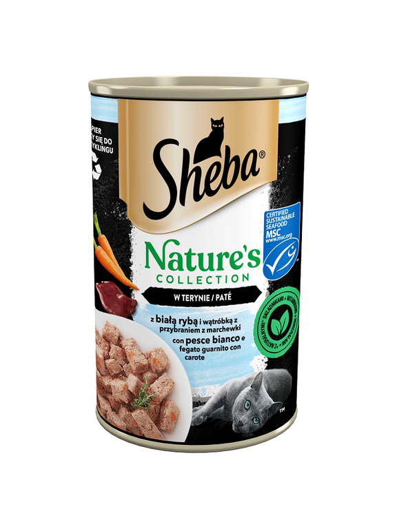 SHEBA puszka 400 g Nature's Collection – mokra pełnoporcjowa karma dla dorosłych kotów, z białą rybą i wątróbką z przybraniem z marchewki, w terynie