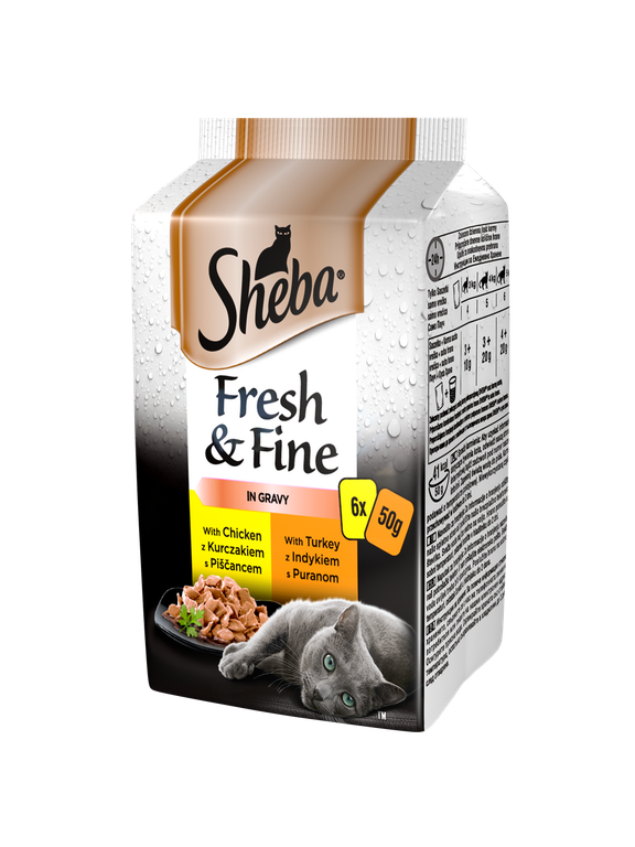 SHEBA saszetka 6x50g Fresh & Fine - mokra karma dla kotów w sosie (z kurczakiem, z indykiem)