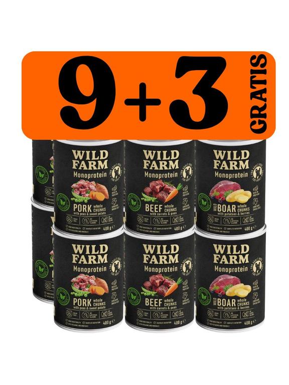 WILD FARM Monoprotein Mix smaków 9x400g + 3x400g GRATIS
