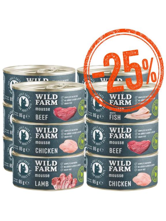 WILD FARM Mousse Mix smaków 12x85g - bezzbożowy mus dla kota