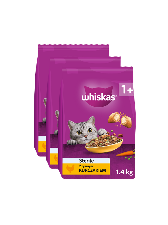 WHISKAS Sterile 3x1,4 kg - sucha karma dla dorosłego kota po zabiegu kastracji, z pysznym kurczakiem