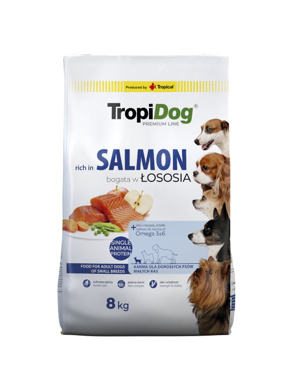 TROPIDOG Premium Adult Small Breeds bogaty w łososia i ryż 8kg