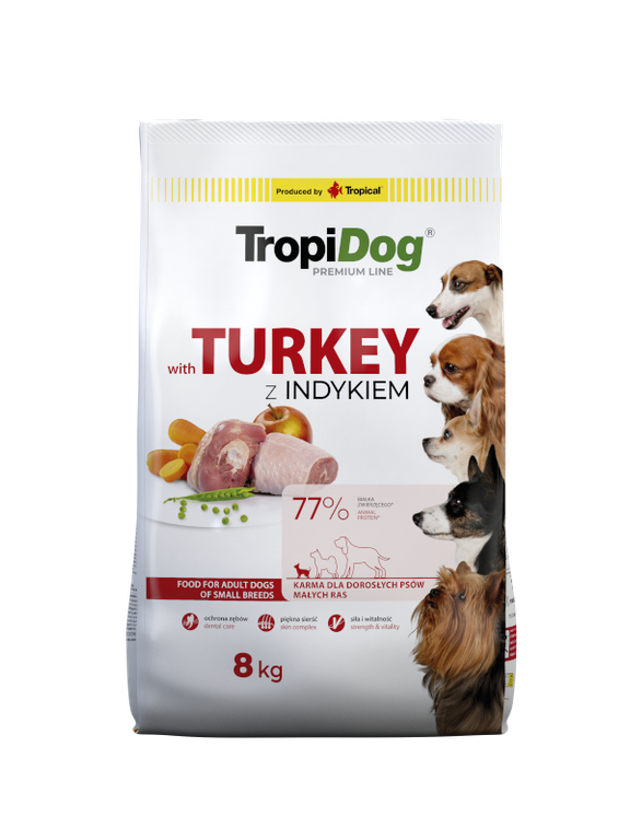 TROPIDOG Premium Adult Small Breeds z indykiem i ryżem 8kg opakowanie uszkodzone (9049,9476)!!!