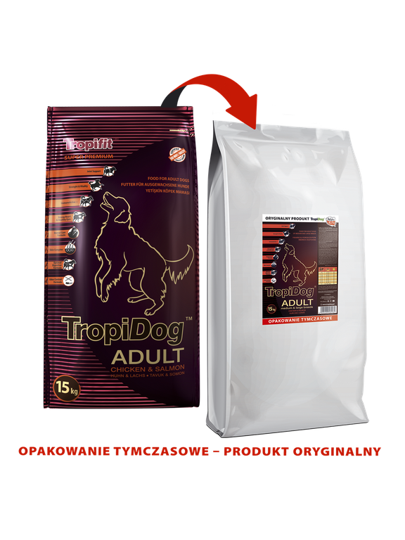 TROPIDOG Super Premium adult medium & large breed kurczak i łosoś 15kg