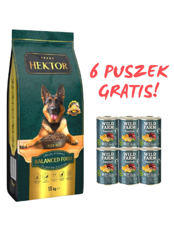 HEKTOR BALANCED Adult 15kg+ WILD FARM Superfood Beef 6x400g GRATIS!!!