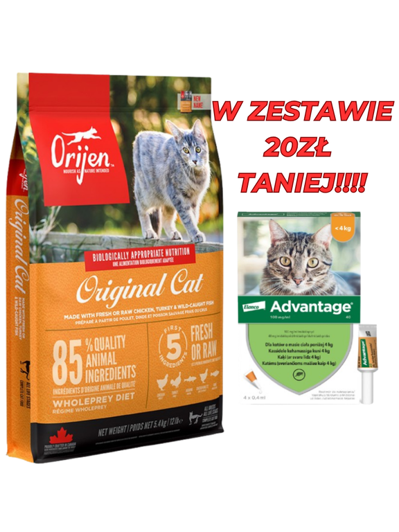 ORIJEN Original Cat 5,4kg + Advantage - dla kotów (0,4mlx4) *roztwór* blister