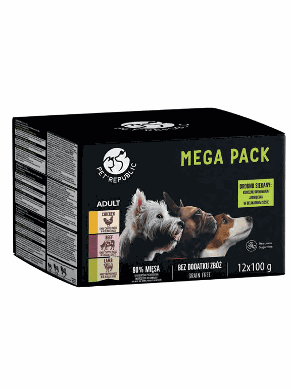 PetRepublic karma mokra dla psów małych ras kawałki w delikatnym sosie MIX 3 smaków 12x100g