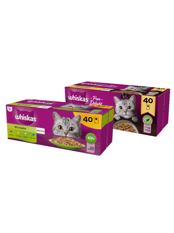 WHISKAS Adult saszetki 40 x 85 g Mix Smaków - mokra karma dla dorosłego kota, w galaretce + WHISKAS Adult saszetki 40 x 85 g Drobiowe Frykasy