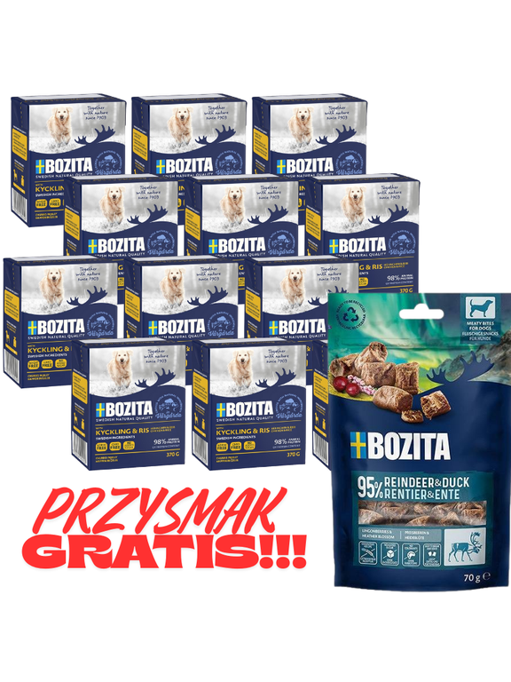BOZITA Dog: Kurczak i ryż w galarecie 12x370g + BOZITA Meaty Bites renifer z kaczką przysmak pies 70g GRATIS!!!