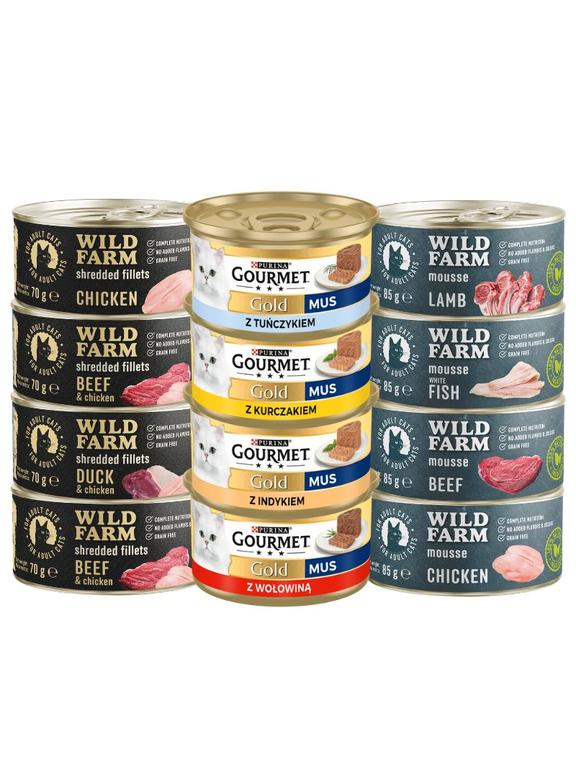 Purina Gourmet Gold mus + WILD FARM Mix smaków 8x85g + 4x70g