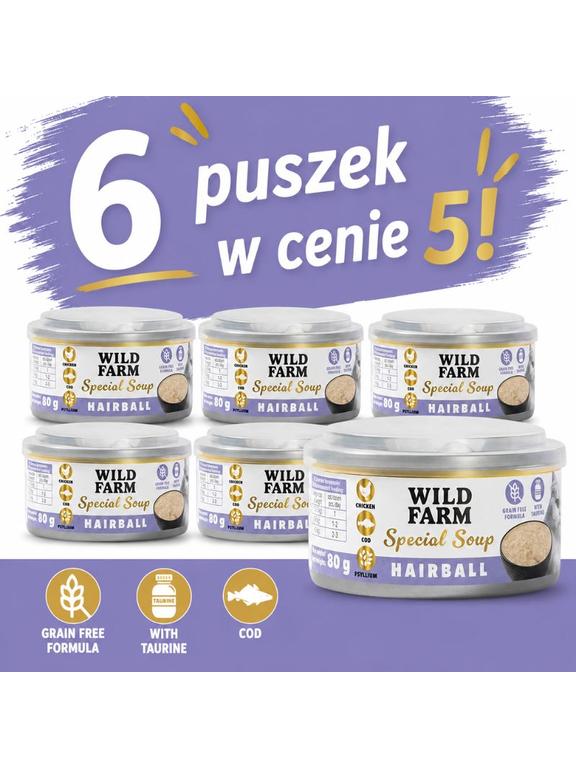 WILD FARM Special Soup 6x80g Hairball – aromatyczna zupka - wsparcie prawidłowego nawodnienia