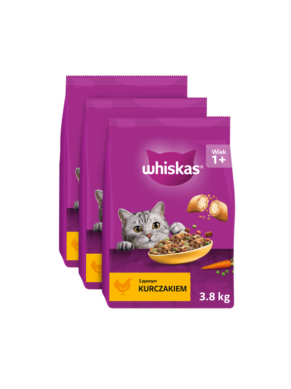 WHISKAS Adult 11,4kg (3x3,8kg) - sucha karma dla dorosłego kota, z pysznym kurczakiem