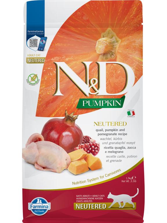 Farmina N&D Pumpkin feline QUAIL, PUMPKIN AND POMEGRANATE NEUTERED RECIPE 1,5kg