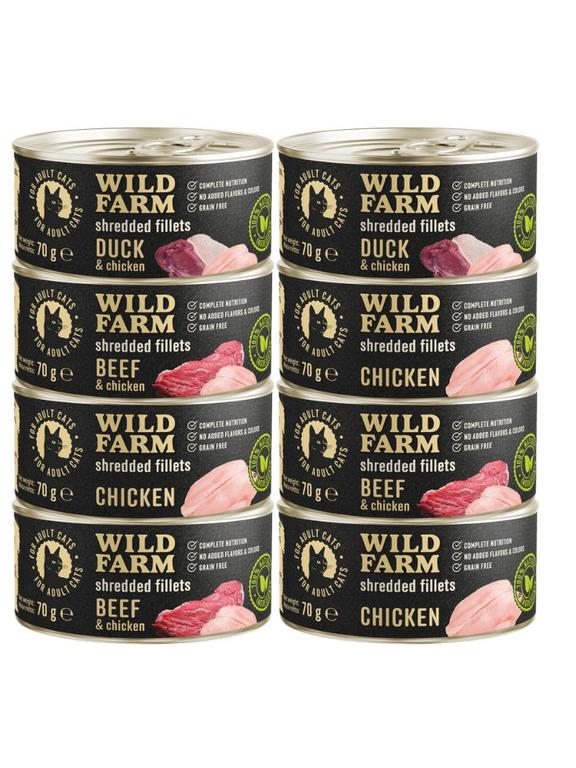 WILD FARM Fillets Mix smaków 8x70g - bezzbożowa mokra karma dla kota, filet w bulionie
