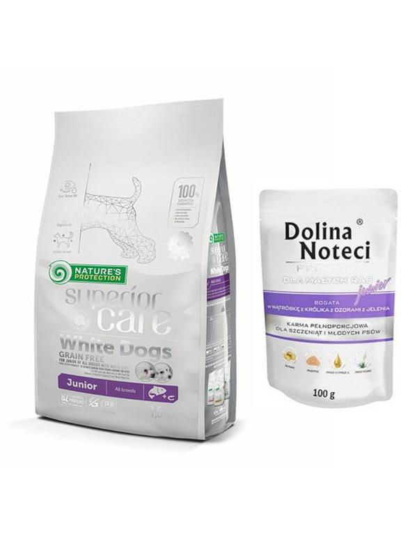 NATURES PROTECTION Superior Care Grain Free White Dog Junior All Breeds 1,5kg  + Dolina Noteci JUNIOR 100g
