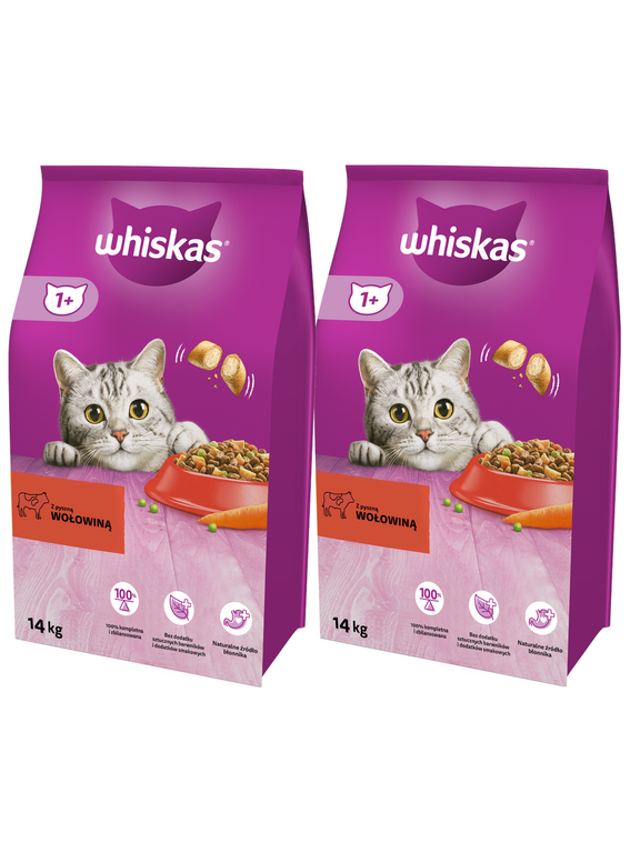WHISKAS Adult 2x14 kg - sucha karma dla dorosłego kota, z pyszną wołowiną