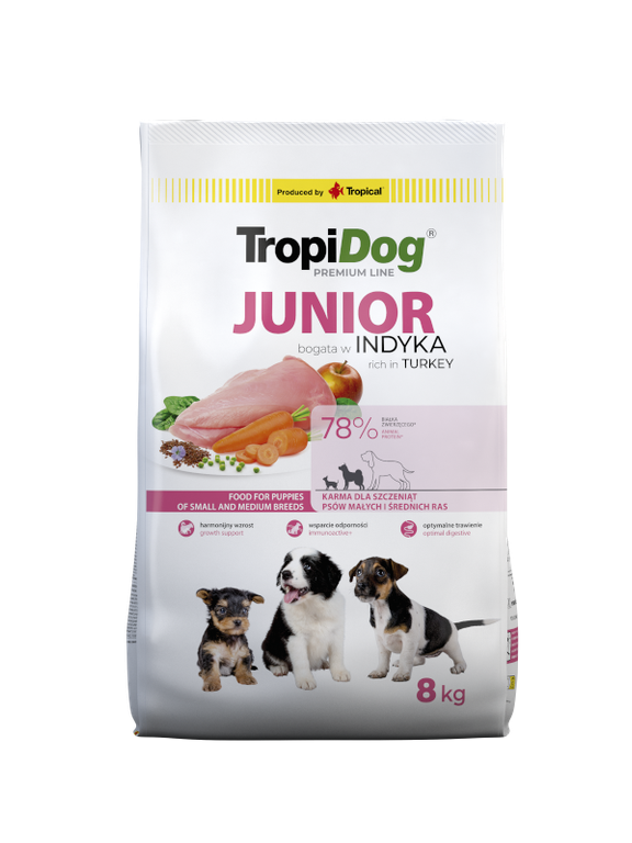 TROPIDOG Premium Junior Small and Medium Breeds bogaty w indyka i ryż 8kg