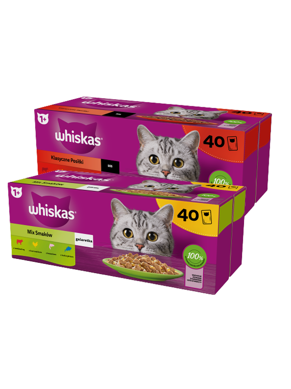 WHISKAS Adult saszetki 40 x 85 g Mix Smaków - mokra karma dla dorosłego kota, w galaretce + WHISKAS Adult saszetki 40 x 85 g Klasyczne Posiłki