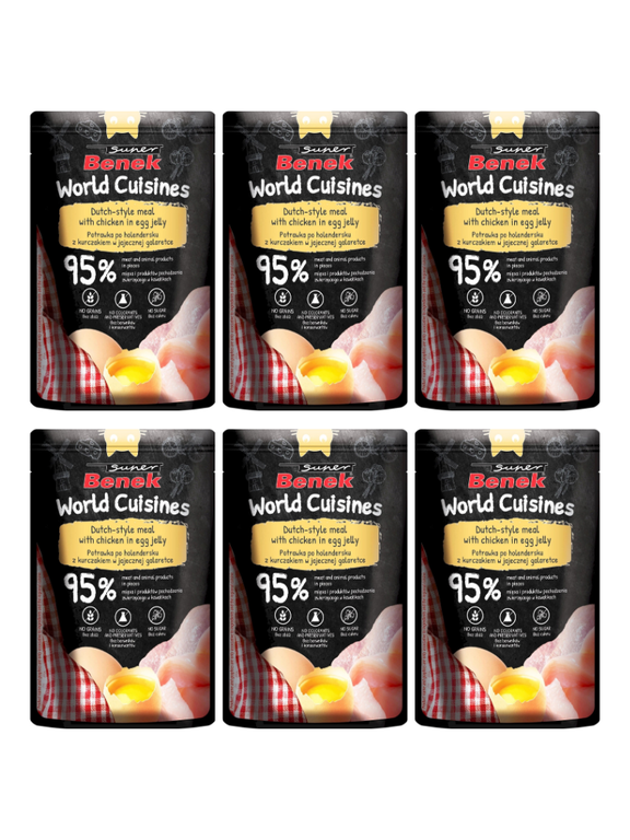 Super Benek World Cuisines Karma pełnoporcjowa dla dorosłych kotów. Potrawka po holendersku z kurczakiem w jajecznej galaretce 6x100g