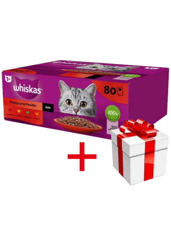 WHISKAS Adult saszetki 80 x 85 g Klasyczne Posiłki - mokra karma dla dorosłego kota, w sosie (kawałki z: wołowiną, kurczakiem, jagnięciną, drobiem) + niespodzianka dla kota GRATIS!!!