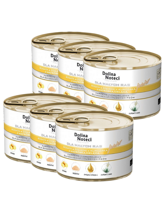 Dolina Noteci PREMIUM dla psów małych ras JUNIOR bogata w żołądki z kurczaka z wątróbką cielęcą 6x185 g