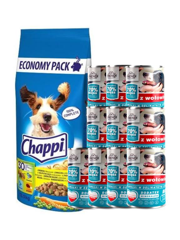 CHAPPI 13,5kg - sucha karma dla psów z drobiem i warzywami + Frendi kawałki  z wołowiną 10x400g
