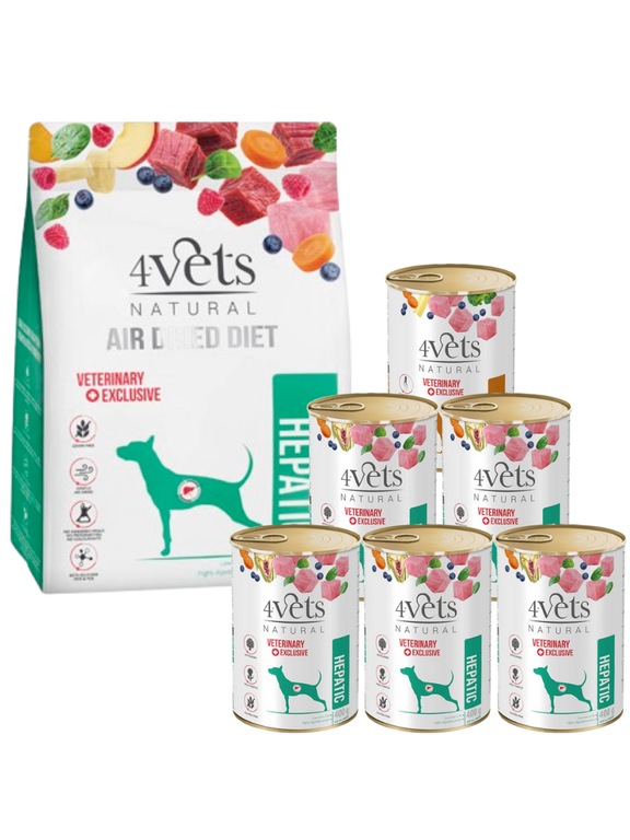 4Vets Natural Zestaw Hepatic; karma suszona 1kg + karma mokra 6x400g
