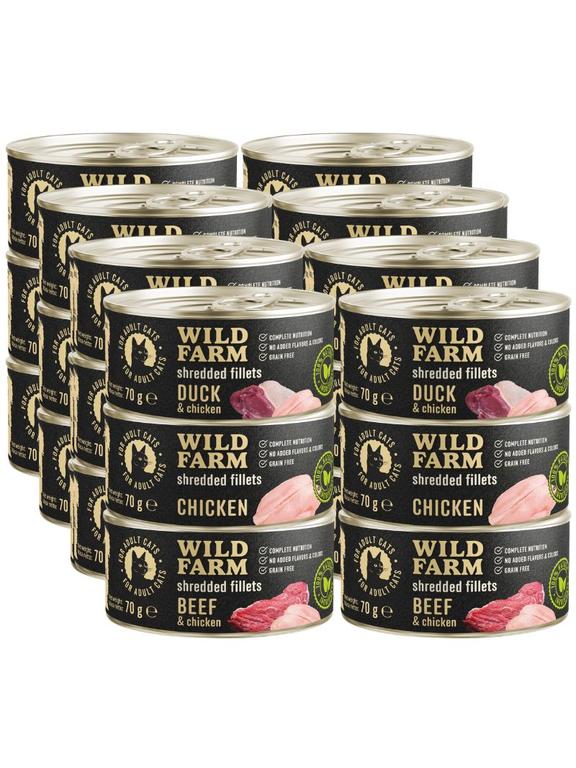 WILD FARM Fillets Mix smaków 24x70g - bezzbożowa mokra karma dla kota, filet w bulionie