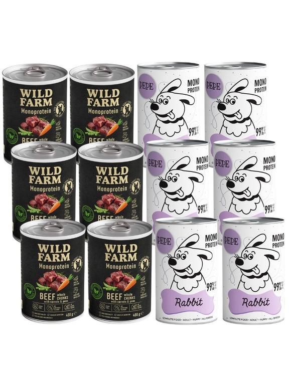 PEPE MONO PROTEIN Rabbit (królik) + WILD FARM Monoprotein Beef 12x400g