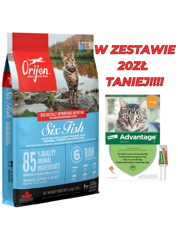 ORIJEN Six Fish cat 5,4kg + Advantage - dla kotów (0,4mlx4) *roztwór* blister