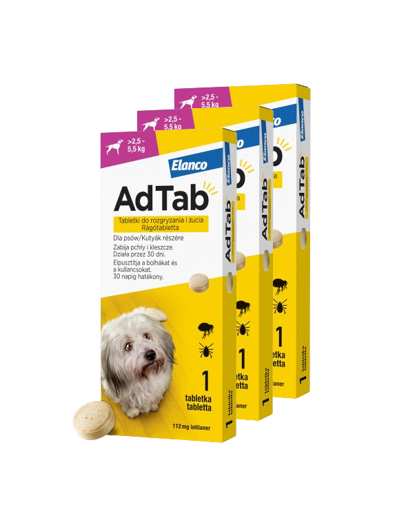 ELANCO 3xAdTab 112mg tabletki na pchły i kleszcze dla psów >2,5-5,5 kg