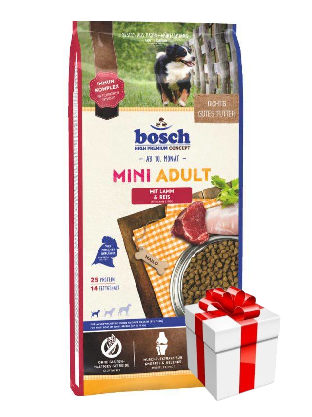 Bosch Adult Mini Lamb & Rice, jagnięcina i ryż (nowa receptura) 15kg + Niespodzianka dla psa GRATIS