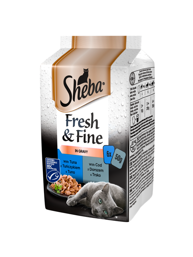 SHEBA saszetka 6x50g Fresh & Fine - mokra karma dla kotów w sosie (z tuńczykiem, z dorszem)
