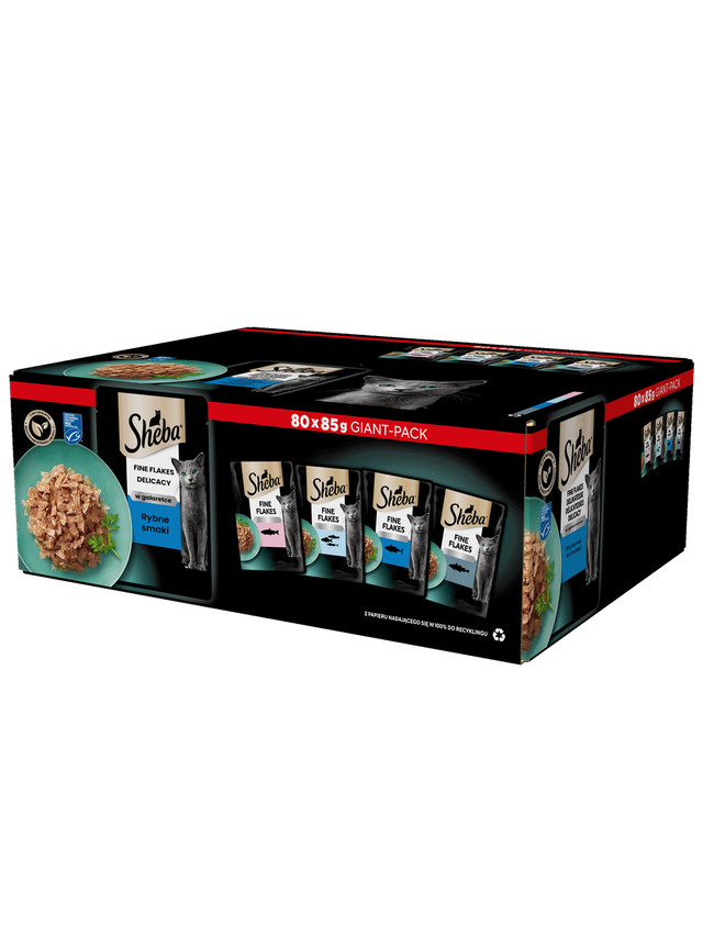 SHEBA Delicacy Rybne Smaki saszetki 80x85 g – mokra karma pełnoporcjowa dla dorosłych kotów, w galaretce (kawałki z: łososiem, białą rybą, tuńczykiem, dorszem)