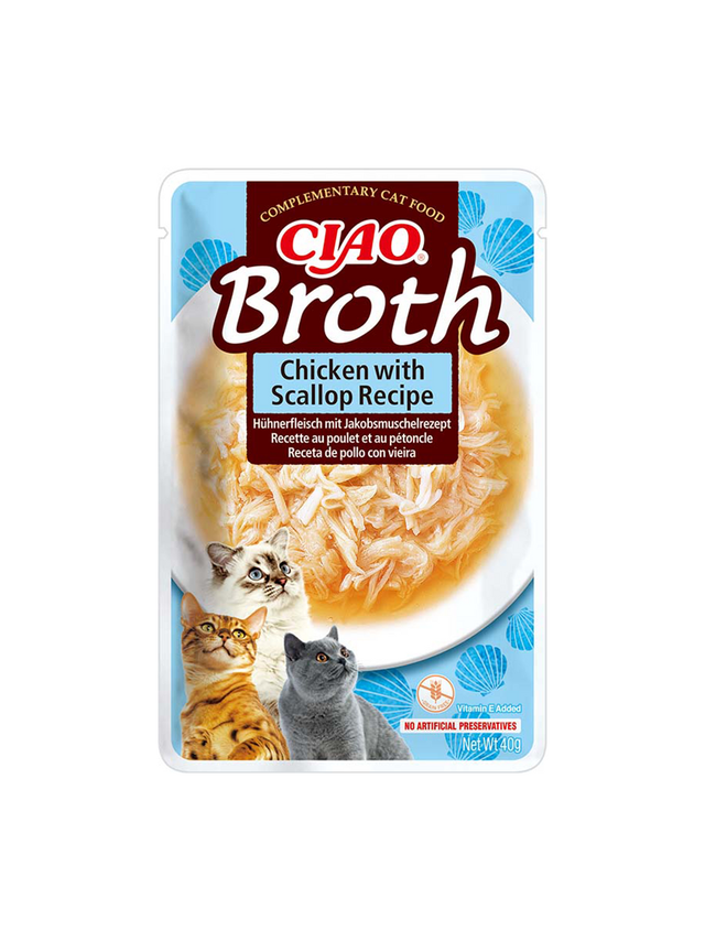 INABA  Cat Ciao Broth - karma uzupełniająca dla kota o smaku kurczaka i przegrzebek 40g