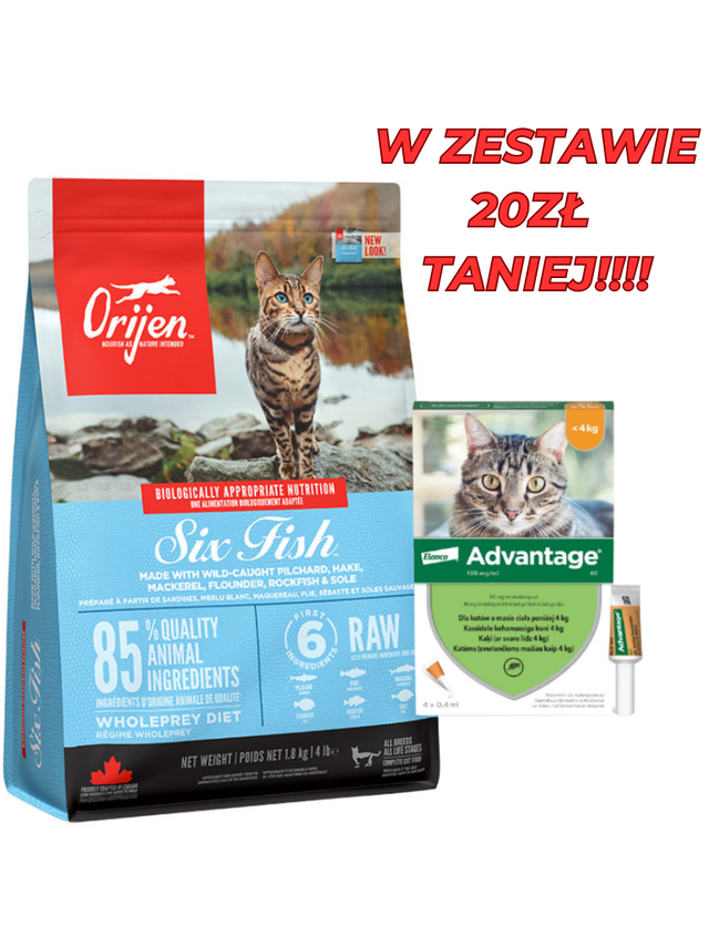 ORIJEN Six Fish Cat 1,8kg + Advantage - dla kotów (0,4mlx4) *roztwór* blister
