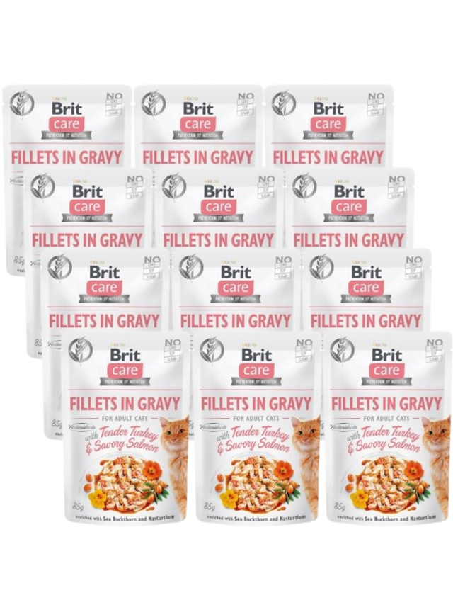 BRIT CARE Cat Pouches Fillets in Gravy with Tender Turkey &  Savory Salmon 12x85g