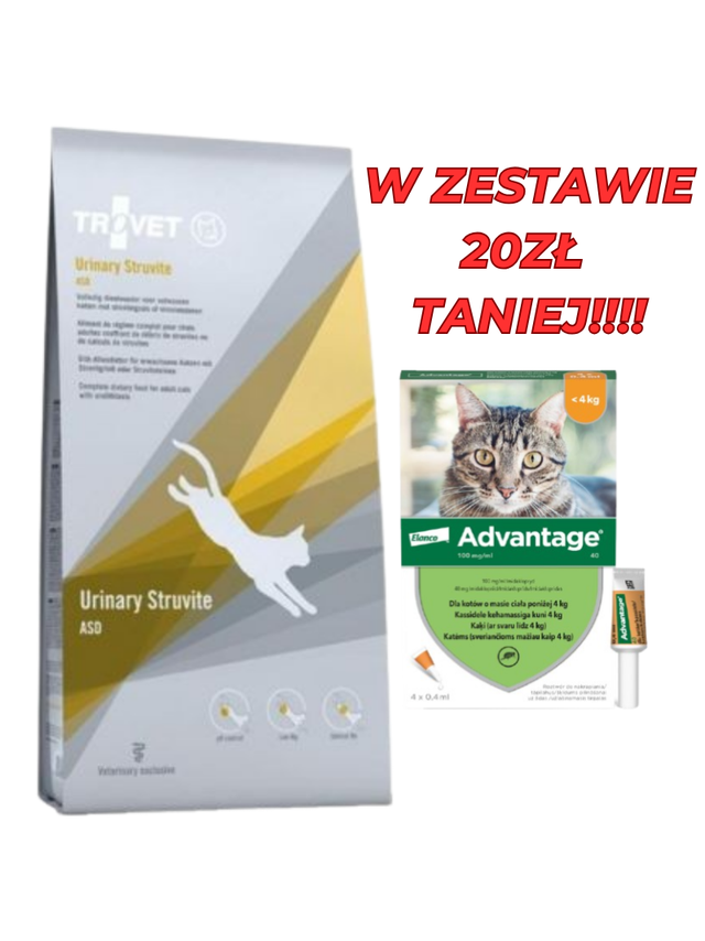 TROVET ASD Urinary Struvite (dla kota) 10kg + Advantage - dla kotów (0,4mlx4) *roztwór* blister