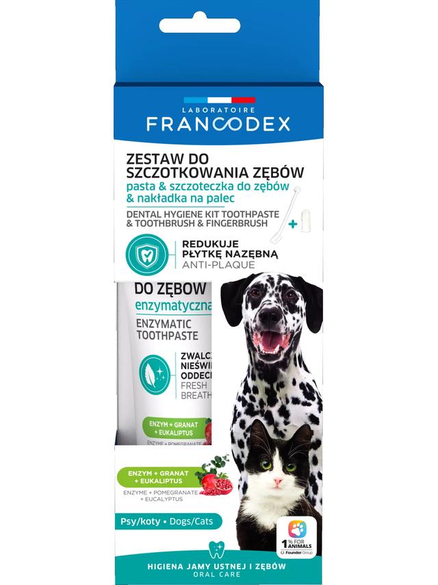 FRANCODEX Zestaw do czyszczenia zębów z enzymatyczną pastą dla psa i kota 70g